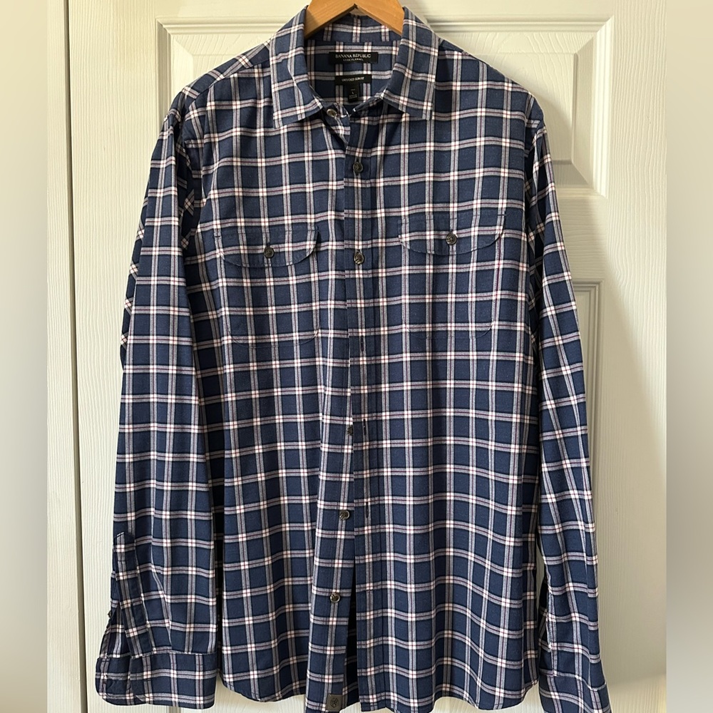 Banana Republic Luxe Flannel, blue plaid, Size L